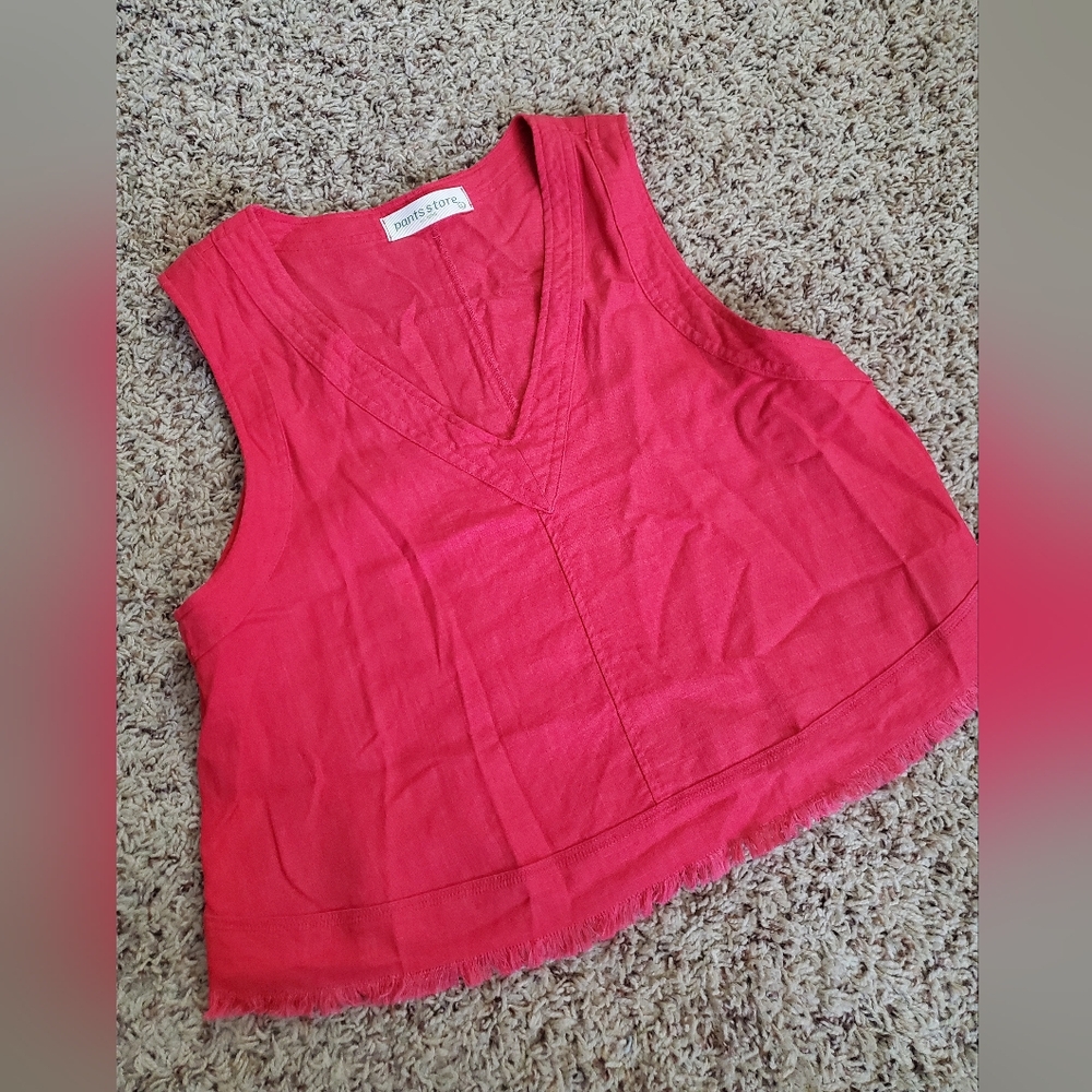 PANTS STORE Dark Coral Linen Fringe Crop Top Large